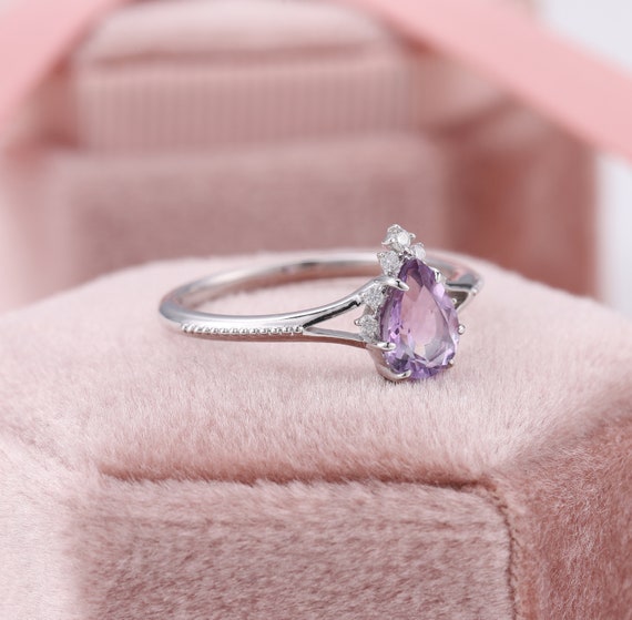 Pear Shaped Amethyst Ring Teardrop Amethyst Ring White Gold Purple Engagement Rings February Birthstone Ring Lavender Promise Ring