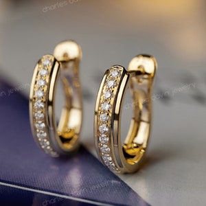 One Row Channel Set Diamonds Hoop Earrings, Petite Diamond Huggie Earrings, Latch Backs Round Hoops, Perfect Minimalist Earrings For Her