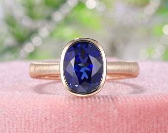 2.5ct Royal Blue Lab Sapphire Engagement, Brushed Wire Textured Grooved Wedding Band, Bezel Set Sapphire Solitaire Ring Unique Band Design