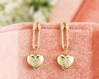 Orecchini a goccia a cuore con spilla di sicurezza unica 14KT, orecchini pendenti a forma di cuore, orecchini scintillanti con spilla di sicurezza con diamante, orecchini a perno di dichiarazione
