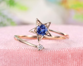 14k Gold Miracle Wishing Star Ring, Sparkle Meteor Diamond Ring, Sapphire Promise Ring, Star Sapphire Ring, Unique Ring, Adjustable  Ring