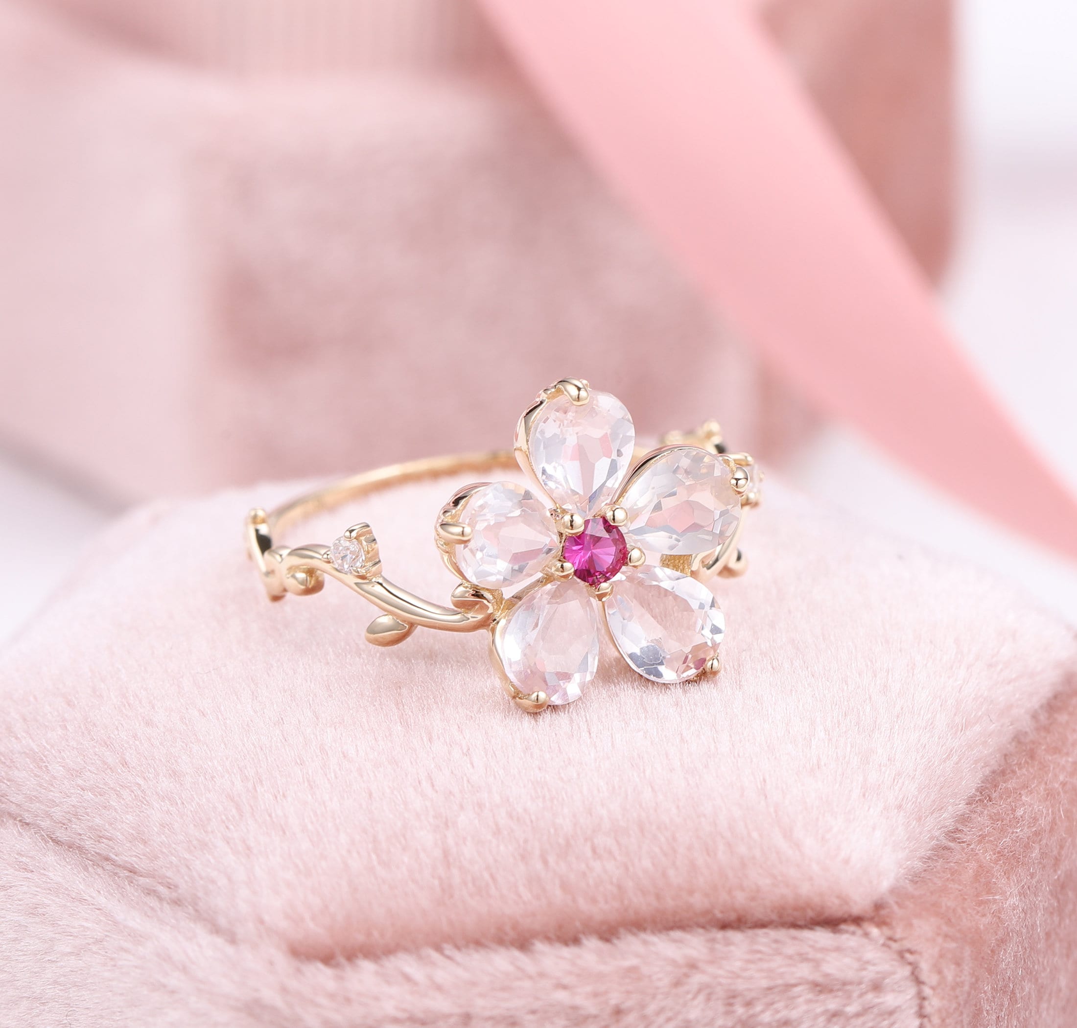 18K Rose Quartz Flower Ring, Pink Crystal Floral Ring, Japan Peach