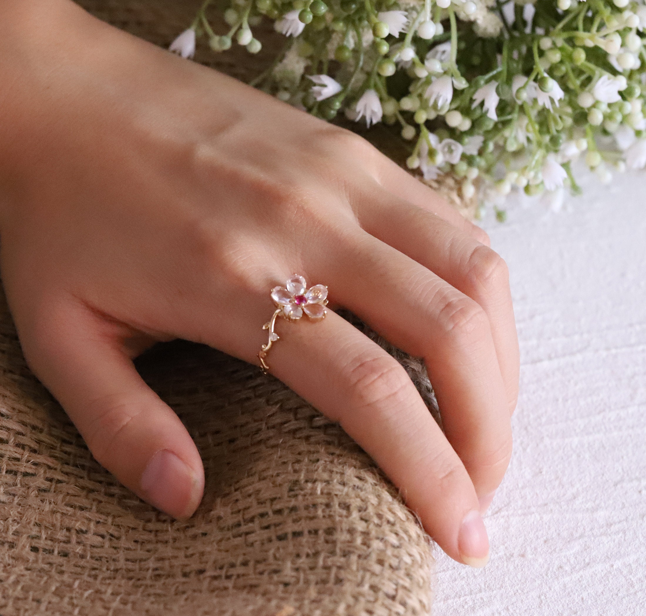 18K Rose Quartz Flower Ring, Pink Crystal Floral Ring, Japan Peach