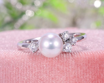 7.5-8MM Freshwater Pearl Solitaire Engagement Ring, Classic Pearl Promise Ring, Single Pearl Wedding Ring, Timeless White Pearl Ring