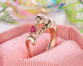 Cool Solid Gold Engraved Leopard Ring, Gold Panther Ring, Dainty Ruby Ring, Animal Ring, Chunky Gold Ring, Birthstone Ring, Cocktail Ring