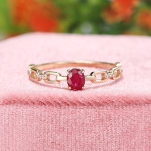 14k Solid Gold Geometric Hollow Chain Natural Ruby Ring, Oval Cut Ruby Ring, Solitaire Ring, Dainty Gold Ring, Everyday Ring, Stackable Ring