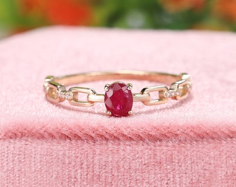 14k Solid Gold Geometric Hollow Chain Natural Ruby Ring, Oval Cut Ruby Ring, Solitaire Ring, Dainty Gold Ring, Everyday Ring, Stackable Ring