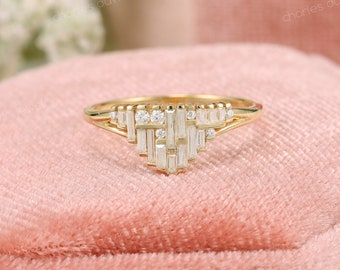 Baguette Clusters Moissanite Engagement Ring, 14k Gold Baguette Diamond Cluster Ring, Diamond Statement Ring, Unique Baguette Promise Ring