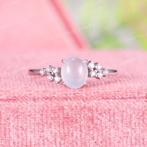 Oval Icy Jadeite Delicate Engagement Ring, Diamond Cluster Wedding Band, Real Grade A Burmese Jade, Minimalist Ring, Dainty Solitaire Ring