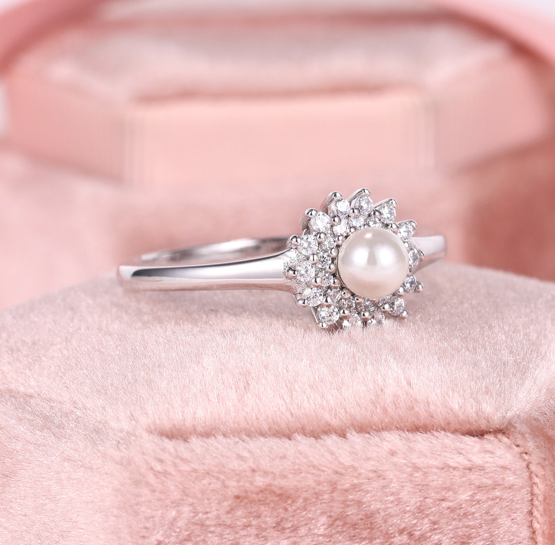 Vintage Pearl Engagement Rings White Gold Double Halo Round Etsy