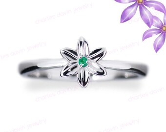 Anello di fiori clematis 14K, anello di pietra di nascita in oro 14k delicato, anelli di promessa della figlia della mamma, anelli di laurea, anelli di classe di fiori di nascita personalizzati