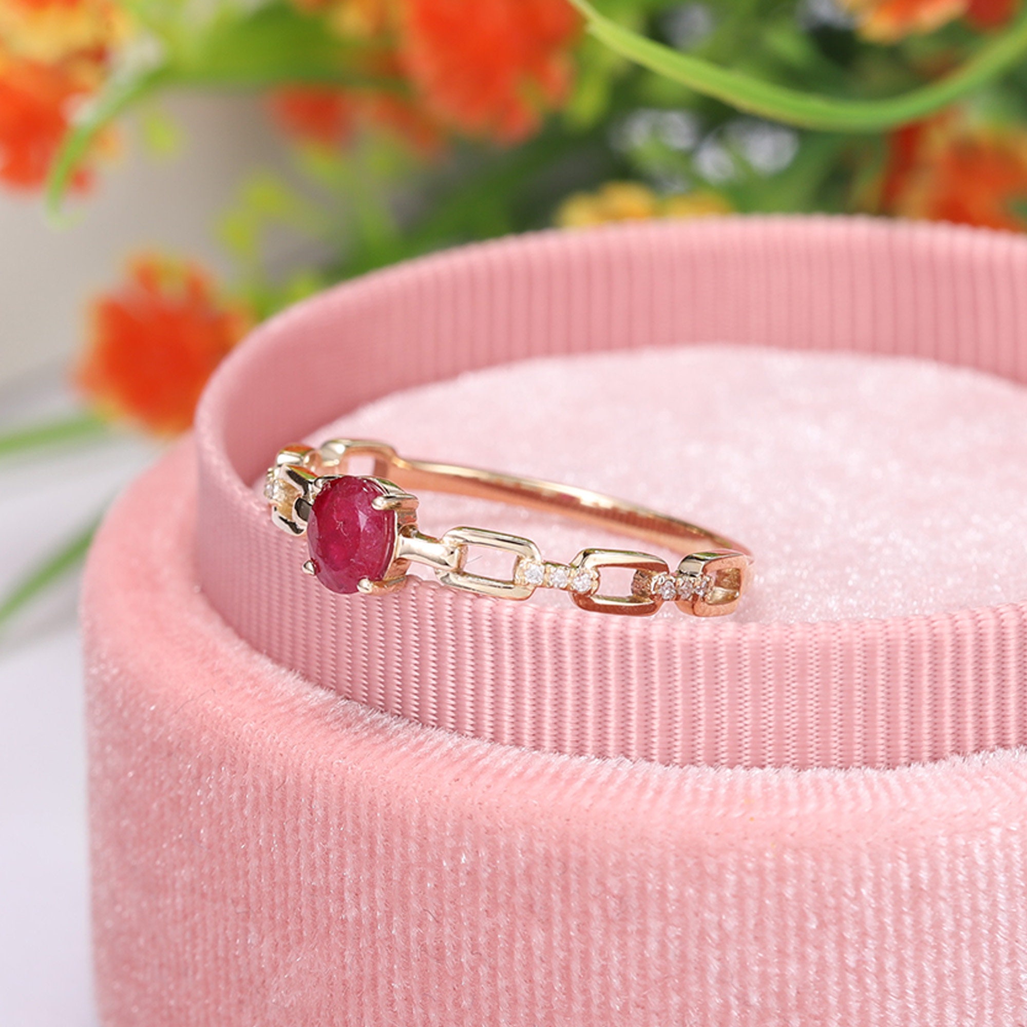 14k Solid Gold Geometric Hollow Chain Natural Ruby Ring, Oval Cut Ruby ...
