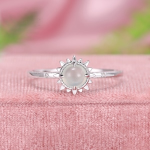 Dazzling Sun Bezel Icy Jade Engagement Ring, Genuine Grade A Cabochon Jadeite Ring, Dainty Promise Ring, 18k White Gold Rings For Women