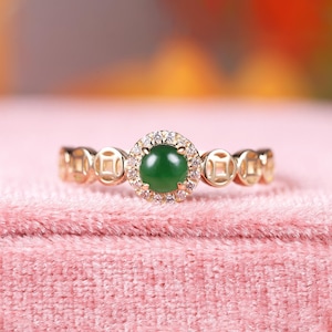 Vintage Imperial Green Jadeite Ring, Jade Diamond Halo Anniversary Ring, Ancient Copper Coins Ring, 14K Gold Ring, Lucky Ring, Gifts For Mom