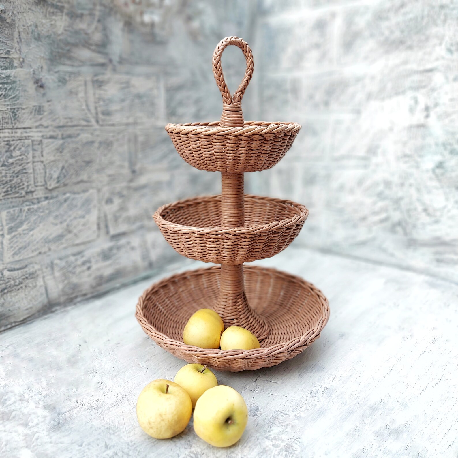 Tiered tray decor Large fruit bowl Threetiered wicker Etsy
