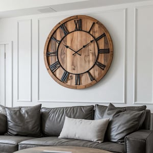 Oversized Rustic Wall Clock with Roman Numerals Large Wooden Farmhouse Clock for Living Room or Entryway Statement Decor
