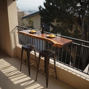 Live Edge Solid Wood Balcony Bar Table For Rail Mount Outdoor Breakfast Counter Handcrafted Rustic Wall Mounted Patio Table