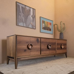 Mid Century Modern Wood Sideboard with Circular Handles and Clean Lines for Dining Room Living Room or Entryway Storage Cabinet