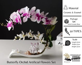 Fake Flower Ceramic Vase Ornament Phalaenopsis Figurine Home Furnishing Decoration Craft Butterfly Orchid Artificial Flowers Set