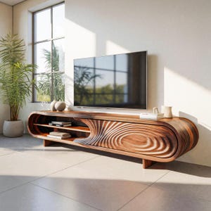 Modern Sculptural Wood TV Stand with Curved Grain Pattern and Storage Shelves for Living Room Entertainment Center and Media Console