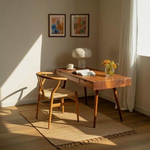 Solid Wood Writing Desk with Drawers  for Home Office with Mid-Century Modern Style