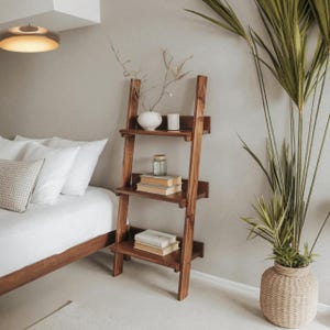 Rustic Ladder Shelf with Tiered Wood Display for Bedroom Decor Books Plants and Minimalist Wall Storage Furniture