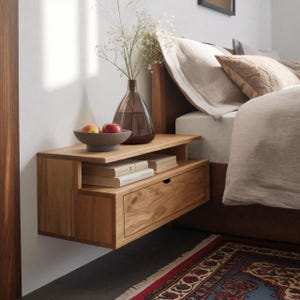 Floating Wooden Nightstand with Drawer and Shelf for Modern Minimalist Bedroom Space Saving Bedside Table