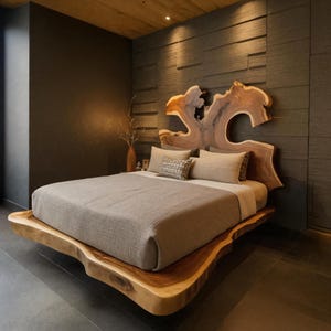 Sculptural Live Edge Wood Headboard Handmade for Modern Rustic Bedroom Décor