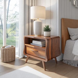 Mid Century Modern Nightstand with Rounded Corners One Drawer Bedside Table for Minimalist Bedroom Scandinavian Interior Accent Furniture