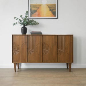 Mid-Century Modern Wood Sideboard with Geometric Carved Doors for Living Room or Dining Room Storage