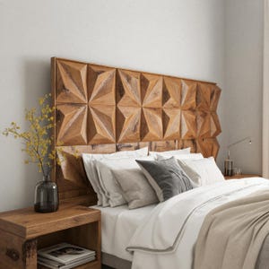 Geometric Carved Wood Headboard for Modern or Rustic Bedroom Decor