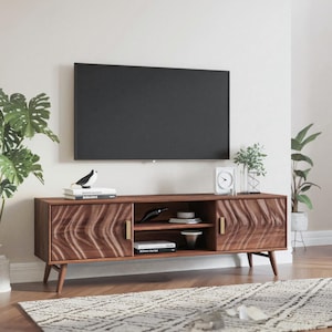 Mid Century TV Stand Wave Pattern Cabinet Modern Console Table With Storage For Living Room Media Entertainment Furniture