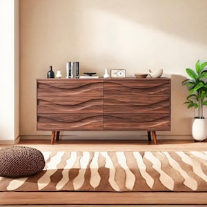 Modern Carved Wave Front Wood Sideboard for Entryway or Living Room Minimalist Art Furniture with Sculptural Texture