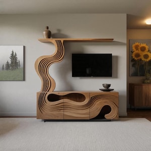 Sculptural Wooden TV Console with Wave Layers Modern Organic Entertainment Unit Statement Cabinet for Living Room or Media Wall Display