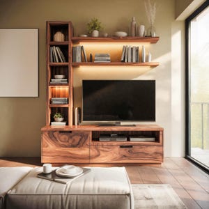 Modern Wooden TV Stand with Bookshelf and Floating Wall Shelves with Ambient Lighting for Living Room Entertainment Center