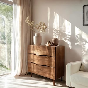 Modern Wooden Cabinet with Curved Handle Design for Bedroom Storage – Minimalist Solid Wood Chest, Scandinavian Style