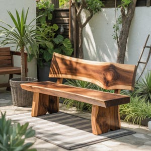 Contemporary Outdoor Wood Bench – Sculpted Back Garden Bench for Patio or Modern Courtyard Seating