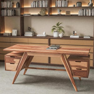 Modern Executive Wooden Desk with Angled Legs and Dual Drawers for Home Office or Creative Studio Workspace