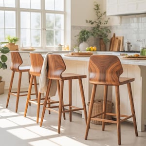Contemporary Curved Wood Bar Stools with Smooth Backrest for Kitchen Island Breakfast Nook and Dining Counter Seating