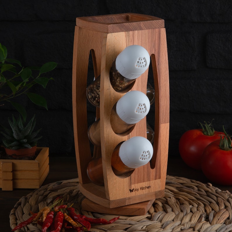 Wooden Spice Rack & Revolving Carousel 6 Glass Spice Jars Etsy