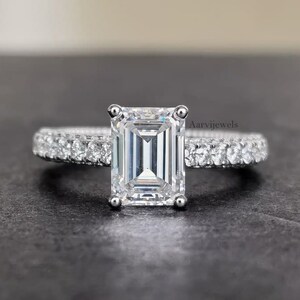 2.50 CT Emerald Cut Colorless Moissanite Engagement Ring, Pave Band, Hidden Halo, Moissanite Wedding Ring, Ring for Women, Bride Ring.