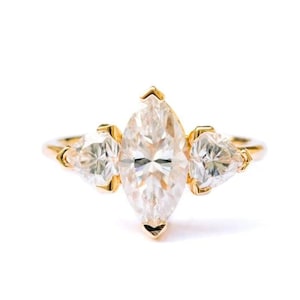 3 ct Marquise CZ Triplet 18k Gold Engagement Ring-Marquise Baguette Cubic Zirconia Tri-Stone Goldtone Bridal Wedding Anniversary Ring