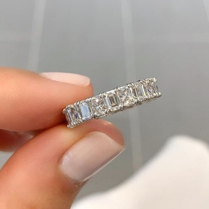 6 CT Emerald and Radiant Full Eternity Band Emerald Cut Moissanite Wedding Band Stackable Band 14K White Gold Diamond Anniversary Band