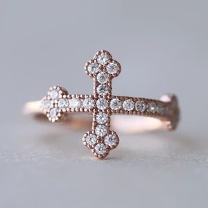 14K Solid Gold Cross Ring, Diamond Cross Ring, Crucifix Ring, Religious Jewelry, Dainty Silver Cross Ring, Bridesmaid Gift, Gift For Mothers