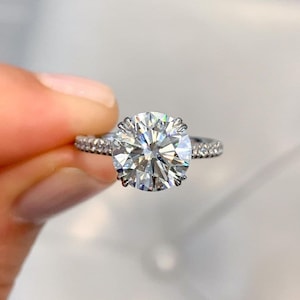 2.11 CT Round Cut Moissanite Ring/ 14K Solid Gold Halo Ring/ Hidden Halo Engagement Ring/ Wedding Ring/ 14K White Gold