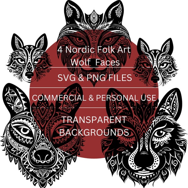 Nordic Sami Folk Art Wolf Face Suédois Folk Art SVG Sami Folk Art SVG Wolf PNG Fond Transparent Folk Art Wolf Face Utilisation commerciale