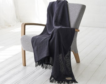 Soft Natural Linen & Wool Warm Throw Blanket in Black, Linen Wool Winter Plaid, Linen Wool Wrap Blanket, Decorative Sofa Chair Throw Plaid