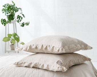 Decorative Natural Linen Pillowcase With Lace, Natural 100% Pure Linen Pillow Cover, Classic Rustic Linen Bedding, Linen Pillow Sham