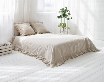 Linen Bedspread With Lace, Natural 100% Pure Linen Ruffled Bedspread, Rustic Linen Bedskirt Bedding, Traditional Organic Raw Linen Bed Cover
