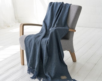 Linen Wool Throw Blanket in Blue, Soft & Warm Wool Linen Winter Blanket/Plaid/Wrap/Throw for Home Decor Travel and Outdoor, Linen Wool Plaid